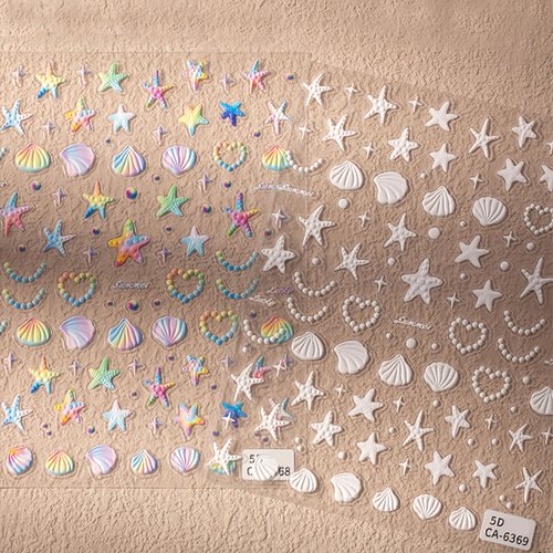 2 Sheets 5D Embossed Seashell Starfish Nail Art Stickers Summer Ocean Nail Stickers Colorful Fantasy Ocean Nail Stickers Shell Pearl Jelly Star Starfish Nail Supplies for Women Nail Decorations