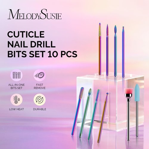 MelodySusie 10pcs Nail Drill Bits Set, 3/32 Inch Diamond Cuticle Nail Bits Kit for Nail Drill E-File, Manicure Pedicure Remover Tools for Acrylic Gel Nails, Salon Home Nail Care Supplies, Rainbow