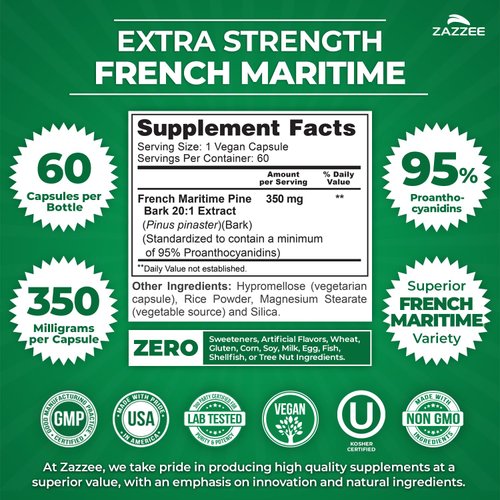 Zazzee Extra Strength French Maritime Pine Bark 20:1 Extract, 350 mg Per Capsule, 60 Vegan Capsules, 95% Proanthocyanidins, Kosher, 2 Month Supply, Standardized 20X Extract, Non-GMO, Made in The USA