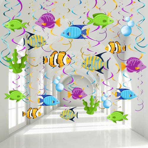 KRISTIN PARADISE 30Ct Tropical Fish Hanging Swirl Decorations, Under The Sea Party Supplies, Ocean Birthday Theme, Fishing Kids Decor for First 1st Boys Girls Baby Shower, Fishing Fisherman Favors