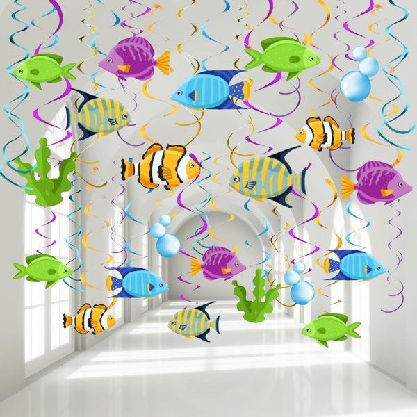 KRISTIN PARADISE 30Ct Tropical Fish Hanging Swirl Decorations, Under The Sea Party Supplies, Ocean Birthday Theme, Fishing Kids Decor for First 1st Boys Girls Baby Shower, Fishing Fisherman Favors