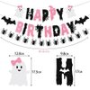 Halloween Birthday Party Decorations, Pink Black Glitter Happy Birthday Banner & Spider Garland, Cute Ghost Cupcake Toppers and Halloween balloons for kids Halloween Birthday,Girl Halloween Birthday