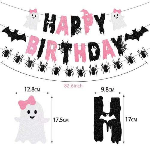 Halloween Birthday Party Decorations, Pink Black Glitter Happy Birthday Banner & Spider Garland, Cute Ghost Cupcake Toppers and Halloween balloons for kids Halloween Birthday,Girl Halloween Birthday