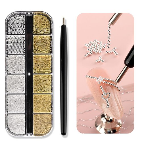 3D Metal Nail Art Charms Gold Silver Micro Caviar Beads Nail Rivets Studs with Magnetic Pen for Steel Ball Suction, for DIY Crafts Jewelry Decoration Nail Supplies