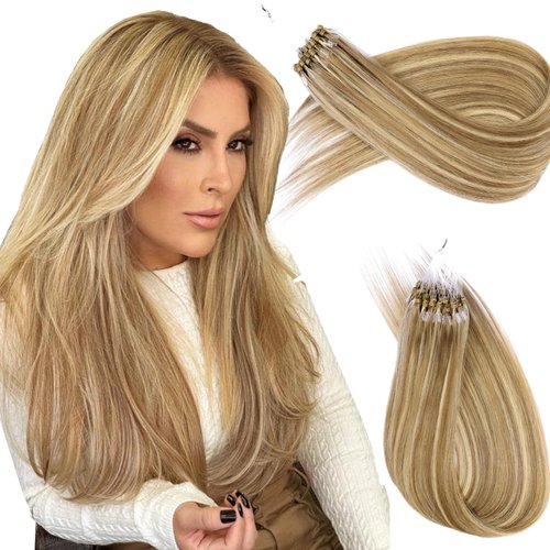 KiiKiiGirl Virgin Microlink Hair Extensions - Human Hair,20inch Micro link Hair Extensions Human Hair Micro Beads Hair Extensions Human Hair Blonde Highlighted Bleach Blonde 30G/Pack
