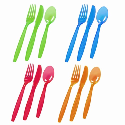 ChefLand 96-Piece Plastic Cutlery Combo Knives/Forks/Spoons, Assorted Neon Colors