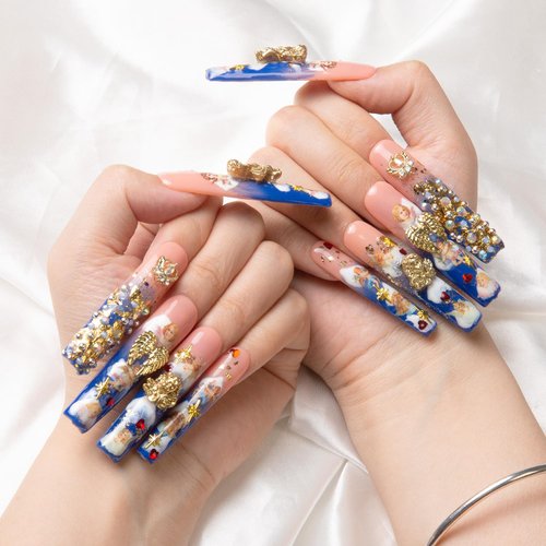 LOVFUL Press on Nails the Palace of Murals | Handmade with Full Covered Crystals | Reusable Fake Nails | 2.16in Long Square | H174-L