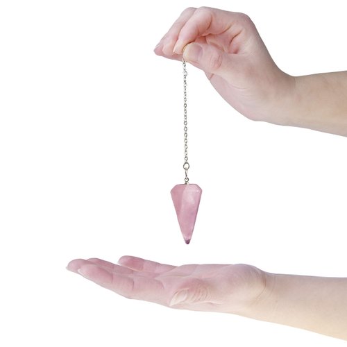 Crystal Pendulum Made of Natural Rose Quartz Gemstone for Dowsing Divination Chakra Reiki. Pointed with Chain and Jewelry Pouch