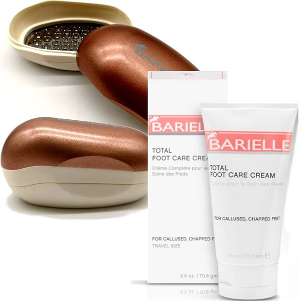 BARIELLE Portable Oval Gold & White Clamshell Foot File/Foot Rasp with 2.5oz Total Care Foot Cream 2-PC Foot Care Set
