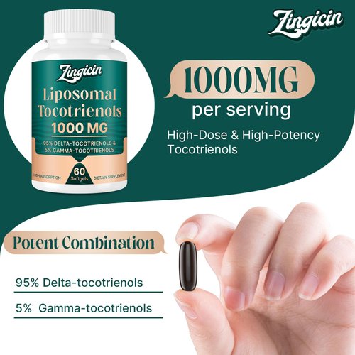 Zingicin Vitamin E Tocotrienols - Liposomal Vitamin E Oil 1000mg, Highly Absorbable Delta Tocotrienol and Gamma Tocotrienol, 60 Softgels
