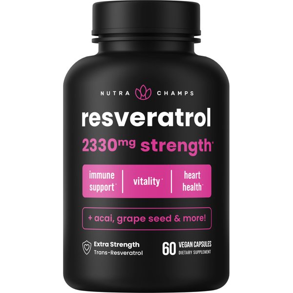NutraChamps Resveratrol Supplement, Extra Strength Formula for Healthy Aging, Immune Support, 60 Vegan Capsules with Trans-Resveratrol, Green Tea Leaf, Acai Berry & Grape Seed Extract
