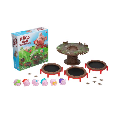 Pigs on Trampolines - Kids Board Game and Family Game - Skill & Action - Bounce Flying Pigs into Mud - 2 to 3 Players - for Boys, Girls, and Kids Ages 6+