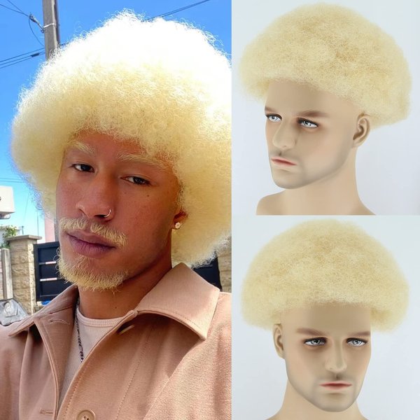 ZigZag Hair Blonde #613 Mix Brown Mens Toupee Fluffy Afro Curly Short Hair Full Lace Men's Wig 8x10inch Brazilian Human Hair Tight Afro Curly Men's Hair Systems Hairpiece (#613 Color, Full Lace)