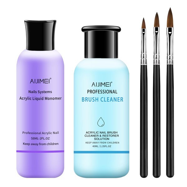AIJIMEI Acrylic Monomer Liquid Kit 2 fl.oz Acrylic Liquid Nail System Manicure Tools Acrylic Monomer with 1.4 fl.oz Nail Brush Cleaner and Acrylic Nail Brush