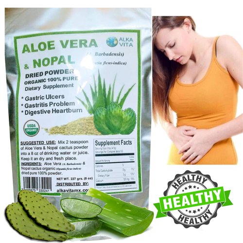 Aloe Vera & Nopal Cactus Pure 100% Organic Vegan Dried Powder Digestive System Health Bag 1/2 Lb. ALKAVITA, Green