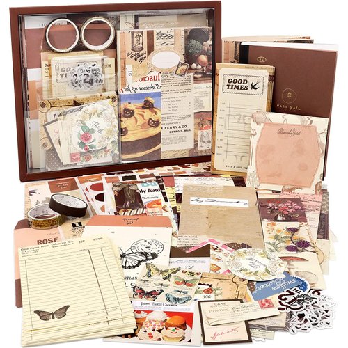 Draupnir Vintage Aesthetic Scrapbook Kit(346pcs), Bullet Junk Journal Kit with Journaling/Scrapbooking Supplies, Stationery, A6 Grid Notebook Graph Ruled Pages.DIY Gift for Teen Girl Kid Women.