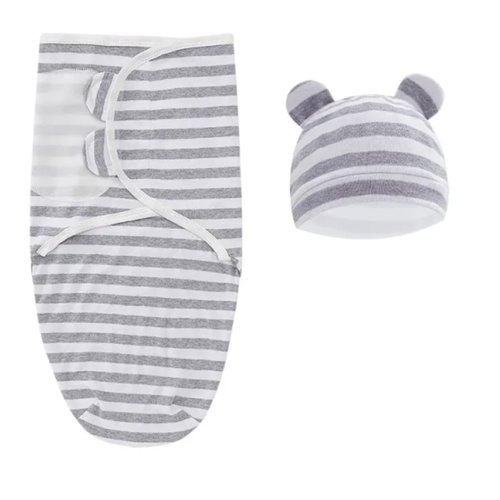 Yummy Baby Products Infant Swaddle with Hat, Light Weight and Easy to Use, Made of 100% Extra Soft Cotton, Perfect for a Good Night for Everyone (Grey Stripes)