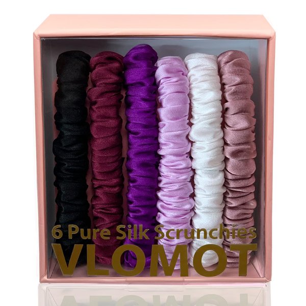 VLOMOT 6 Pcs Set 100% Pure Mulberry Silk Hair Scrunchies Silk Hair Ties with 6 Chic Colors Everyday Skinny Scrunchies Silk Ponytail Holders Hair Care No Damage (Purple)