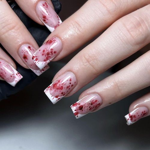 24Pcs Horror Gothic Press on Nails Short Square Halloween Fake Nails Scary Bloody Design French Tip False Nail Full Cover Glue on Nails Bleeding Acrylic Nails Halloween Nail Art Decorations for Women