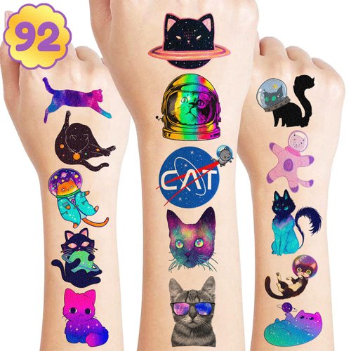 92 PCS Funny Space Cat Temporary Tattoos Stickers Theme Birthday Party Decorations Supplies Favors Decor Cute Galaxy Cats Astronaut Star Tattoo Sticker Gifts For Kids Girls Boys School Prizes Carnival