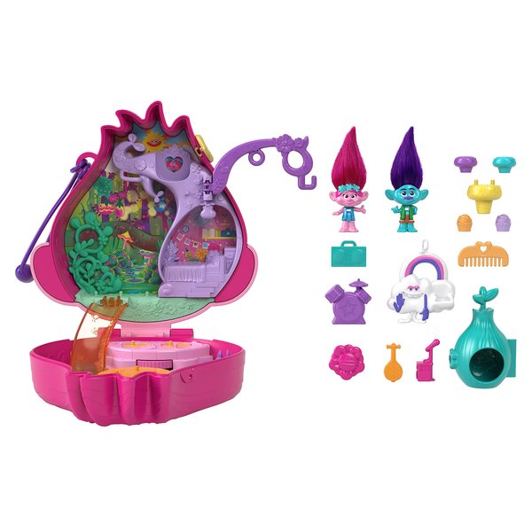 Polly Pocket Trolls Compact Playset, Poppy & Branch Micro Dolls, 13 Accessories, Poppy Exterior with Soft Hair, Collectible Toy