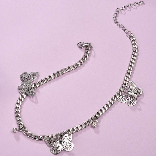 JWICOS Silver Necklace for Women and Girls Butterflies and Rhinestones Pendant Chunky Chain Miami Cuban Link Chain One Layered Choker for Women (Silver)