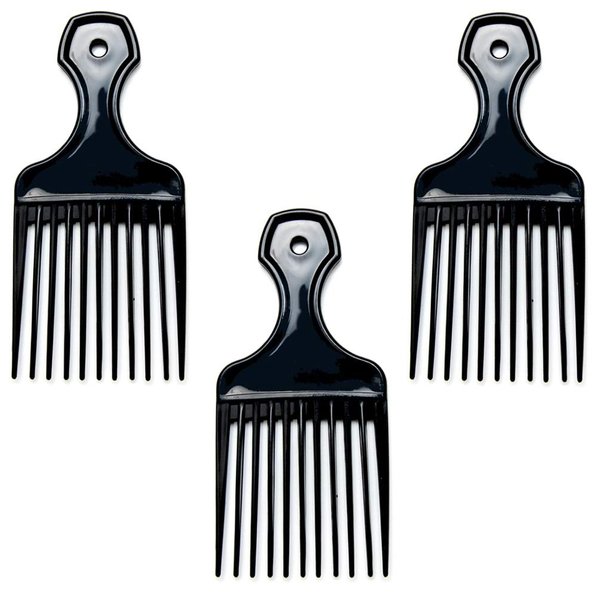 Luxxii (3 Pack) 6" Plastic Afro Pick Lift Hair Comb Detangle Wig Braid Hair Man Styling Comb (Black_A)