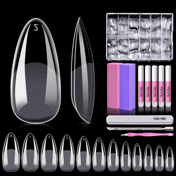 Almond Nail Tips, MORGLES 600PCS Pre-etched Full Cover Clear Almond Shaped Acrylic Nail Tips with Glues Nail Files for Nail Salon Home, 12 Sizes