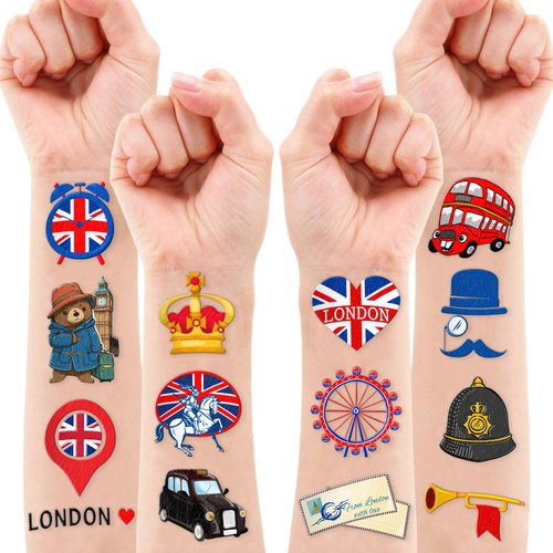 British UK Temporary Tattoos - 87PCS London England Flag Themed Stickers for Kids Birthday Party Supplies, Decorations, Favors, and Prizes - Cute Gifts for Boys and Girls Ideal School Prizes Rewards