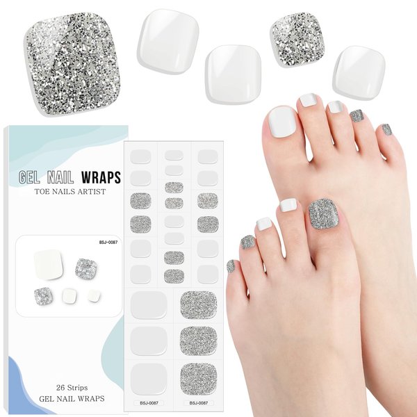 EBANKU Gel Toe Nail Stickers Cured Gel Nail Strips for Toes Gel Toenail Strips Nail Art Wraps Long-Lasting Toe Gel Nail Polish Wraps Gel Nail Art Stickers for Toes UV/LED Lamp Required (Shiny White)