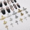 60Pcs Planet Nail Charms Cross Nail Charms for Acrylic Nails Gold and Silver 3D Y2K Kawaii Nail Jewelry DIY Nail Art Decoration Supplies Mental Nail Gems for Women and Girls, Silver and Gold