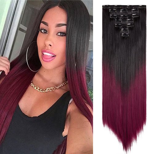 24 Inch Wavy Curly Full Head Clip in on Double Weft Hair Extensions 7Pcs 16 Clips in Synthetic Hair Extensions Natural Black Mix Silver Grey (160G/Set)