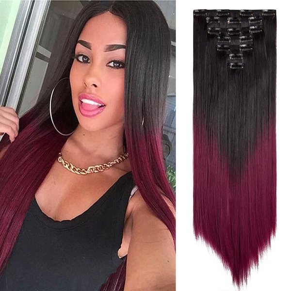 24 Inch Wavy Curly Full Head Clip in on Double Weft Hair Extensions 7Pcs 16 Clips in Synthetic Hair Extensions Natural Black Mix Silver Grey (160G/Set)
