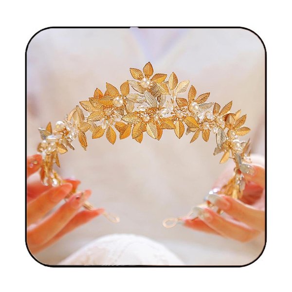 Yean Gold Leaf Wedding Headband Pearl Tiara Hair Band Rhinestone Bridal Hair Accessories for Women and Girls