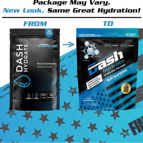 DASH Hydrate Rapid Hydration Electrolyte Drink Mix Packets | Rapid Absorption & Recovery with No Sugar | Activate Energy – Detoxify - Support |16 ct (Blue Raspberry)
