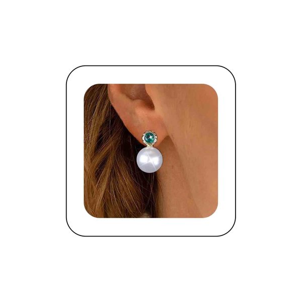 Sttiafay Vintage Emerald Pearl Earrings Gold Pearl Drop Earrings Green Emerald Studs Earrings Rhinestone Pearl Emerald Earrings Jewelry for Women and Girls