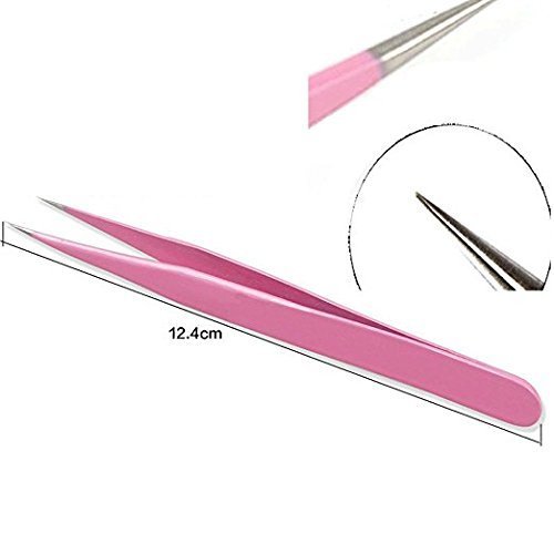 Onwon 2 Pcs Pink Stainless Steel Tweezers for Eyelash Extensions, Straight and Curved Tip Tweezers Nippers, False Lash Application Tools