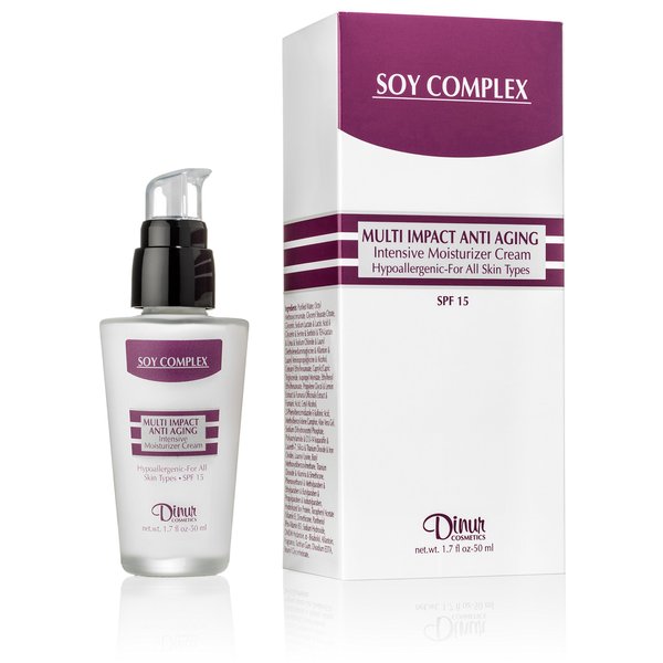 Dinur Cosmetics Soy Complex Multi Impact Anti Aging Moisturizer Cream SPF 15 Reduces Fine Lines & Wrinkles Stress Relief & HYdrates Skin 1.7 oz. 50 ml