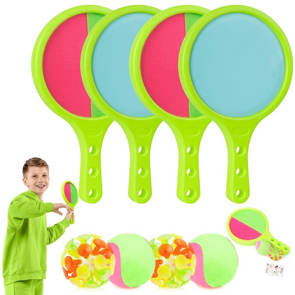 Toss Catch Ball Toy Set: Outdoor Games for Kids with 4 Paddles 4 Balls Outside Toys Beach Backyard Games Activities for Ages 3-12 (2Pack Green)