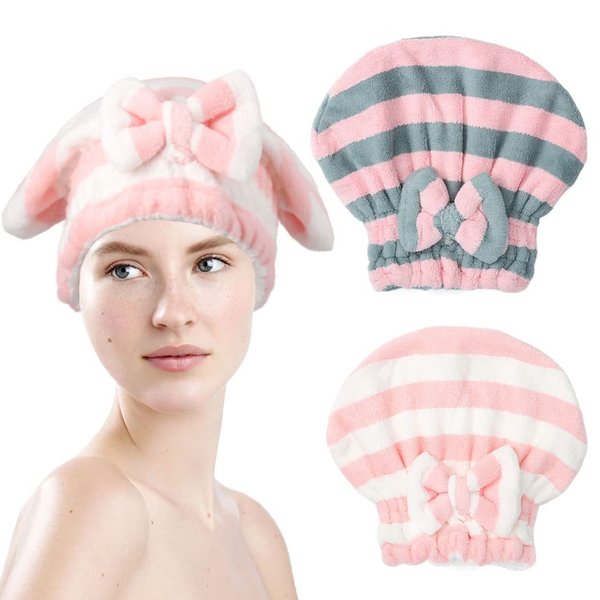 Haomye Microfiber Hair Dry Cap Absorbent Quick Drying Cap Soft Hair Drying Towel Stripe Dry Hair Cap Hair Towel Cap with Bow-Knot Shower Cap for Women and Girls 2Pcs (Pink Blue & Pink White)