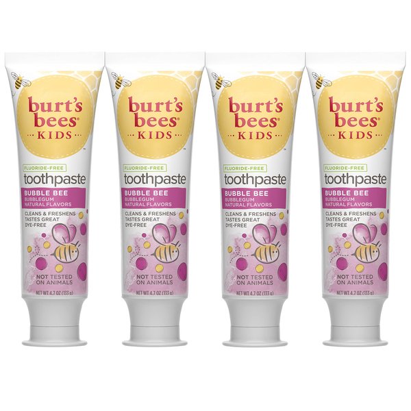Burt's Bees Kids Toothpaste, Natural Flavor, Fluoride Free, Bubble Bee, 4.7 oz, Pack of 4