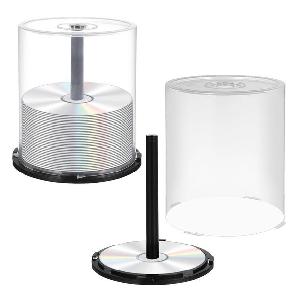 Homoyoyo 2Pcs Empty CD DVD Cake Box:CD Cake Spindle Plastic CD Storage Box Case 100 Discs DVD Storage for Home Office Easy to Open Clear with Black Base PP Travel