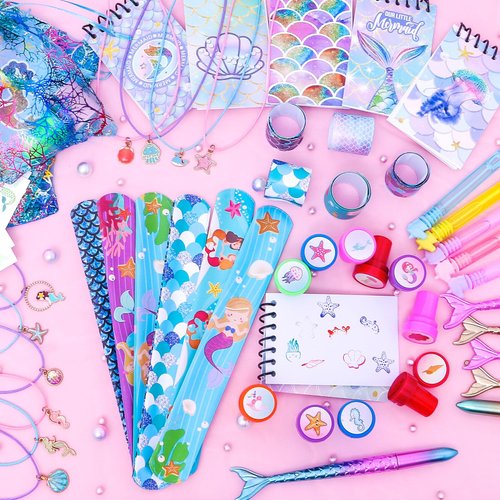 HAPGFS Mermaid Party Favors- Ocean Sea Party Toys Sets for 12 Children Decorations, Goodie Bag Fillers 96 PCS for Kids Summer Party Supplies, Necklace, Bubble Wands Girls Mermaid Birthday Party Favors