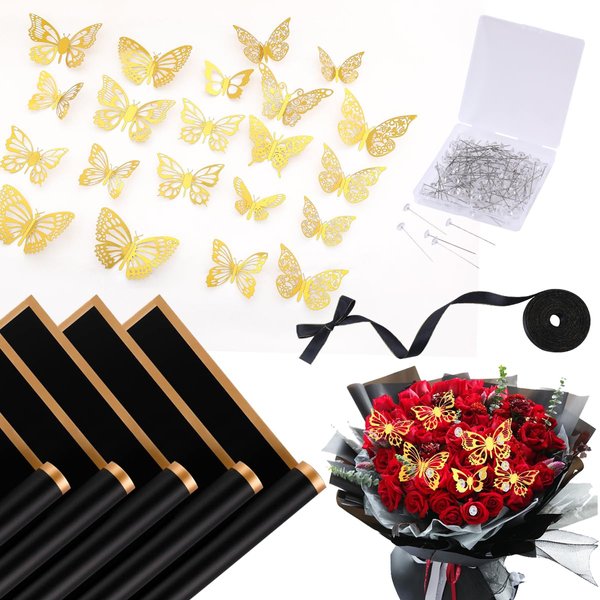 20 Sheets Flower Wrapping Bouquet Paper Floral Wrapping Paper Sheets with 48PCS 3D Gold Butterfly Decor 100 Pearl Pins 12.5 Yards Satin Ribbon for Wedding DIY Craft Mother's Day Birthday Party
