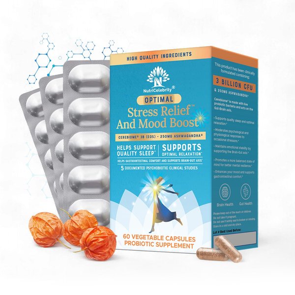 Nutricelebrity Optimal Stress Relief Supplement, Mood Support, Sleep Aid, Ashwagandha Organic, KSM-66, Brain Focus, Probiotics for Women, Gut Health, Vegan Non GMO 60 Days Supply