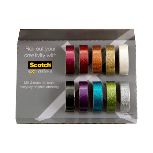 Scotch Glitter Washi Tape, 10 Rolls, Great for Use in Bullet Journal, School Supplies, Craft Supplies, and Teacher Appreciation Gifts (C517-10-SIOC)