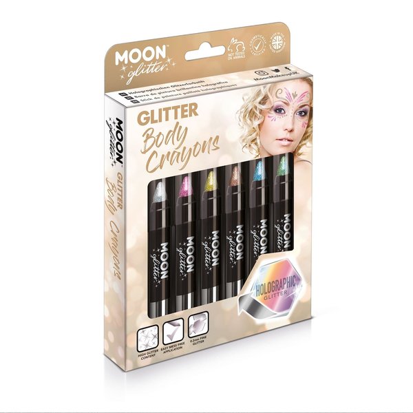 Holographic Glitter Paint Stick/Body Crayon makeup for the Face & Body by Moon Glitter - 0.12oz - Gift Set containing 6 Body Crayons - Silver, Pink, Gold, Rose Gold, Blue & Green