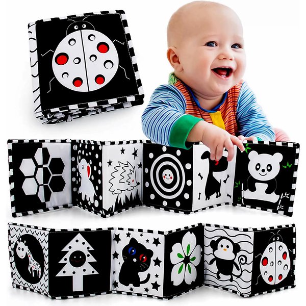 DOOLMIN Black and White High Contrast Baby Cloth Book Toys,Baby Soft Books Age 0-6 Months,Baby Book for Brain Development in Newborns Aged 6-12 Months,Montessori Learning Toys for Infants (Beetle)