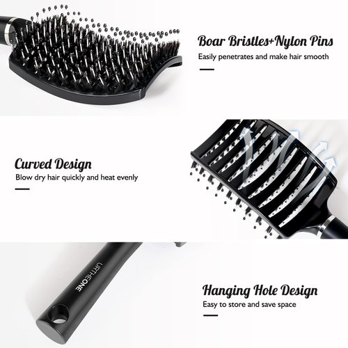 URTHEONE Hair Brush,Detangling Hairbrush Boar Bristle Hair Brushes for Women Men Kids Curly Thick Long Short Wet or Dry Hair, Curved Vented Detangler Brush for Faster Blow Drying (Black)