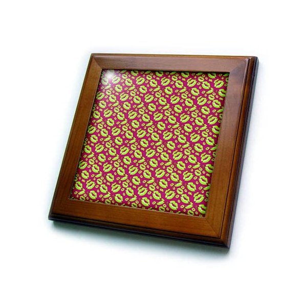 3dRose Two Kisses Collided Lip Smacking Lime Colored Lips Pattern - Framed Tiles (ft_357225_1)